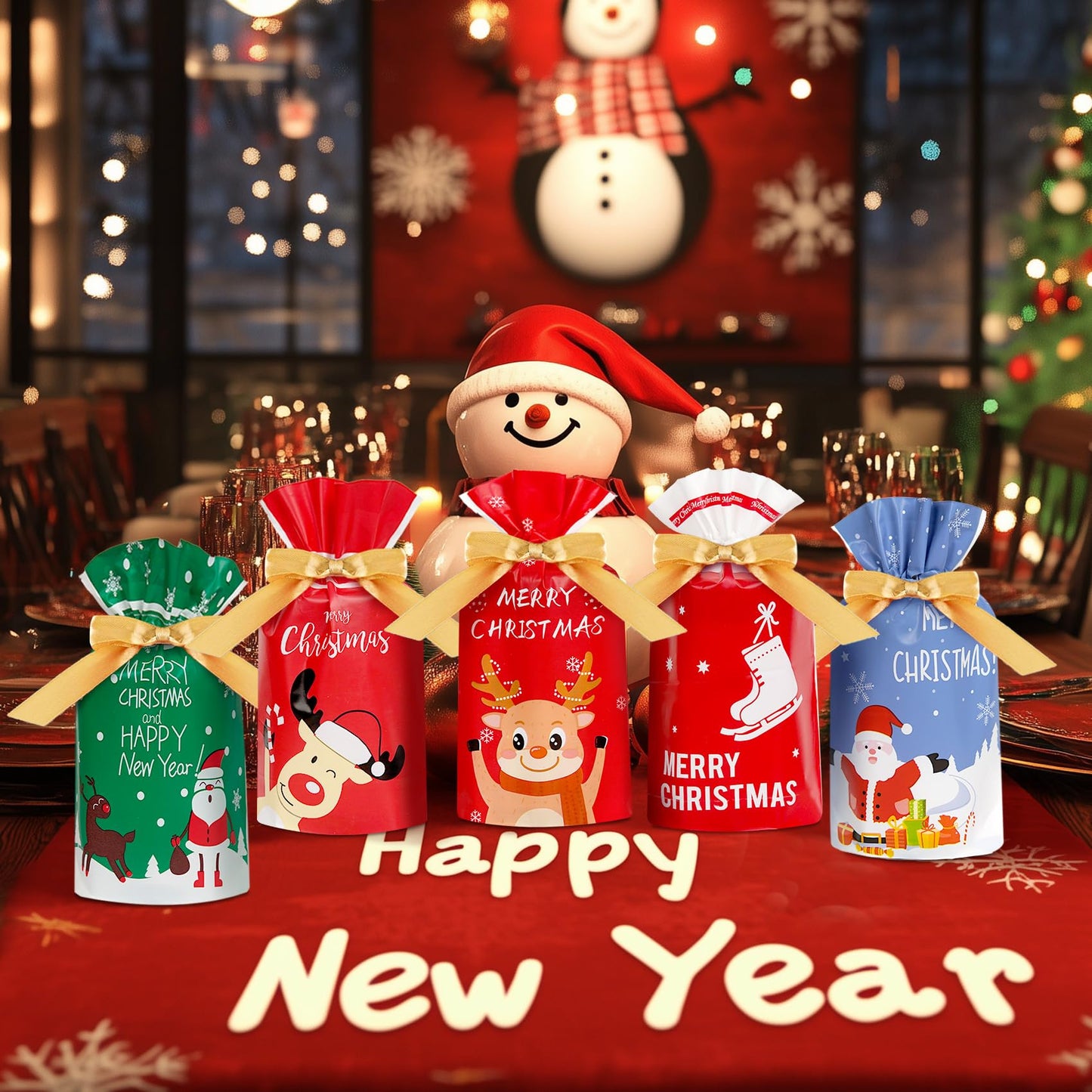 DLY 50 Pcs Christmas Candy Bag Treat Bags Candy Goodies Plastic Drawstring Gift Bags Merry Christmas Treat Bags for Birthday Party Snack