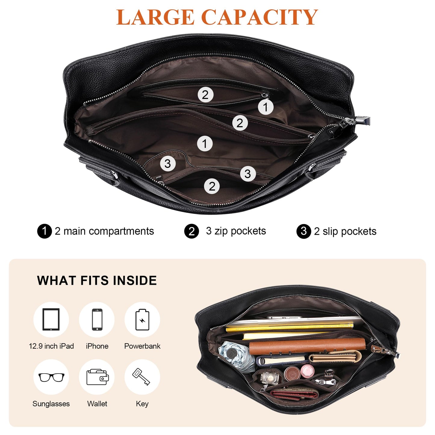 Over Earth Genuine Leather Handbags for Women Hobo Shoulder Bags Ladies Tote Bag(O172E Black)
