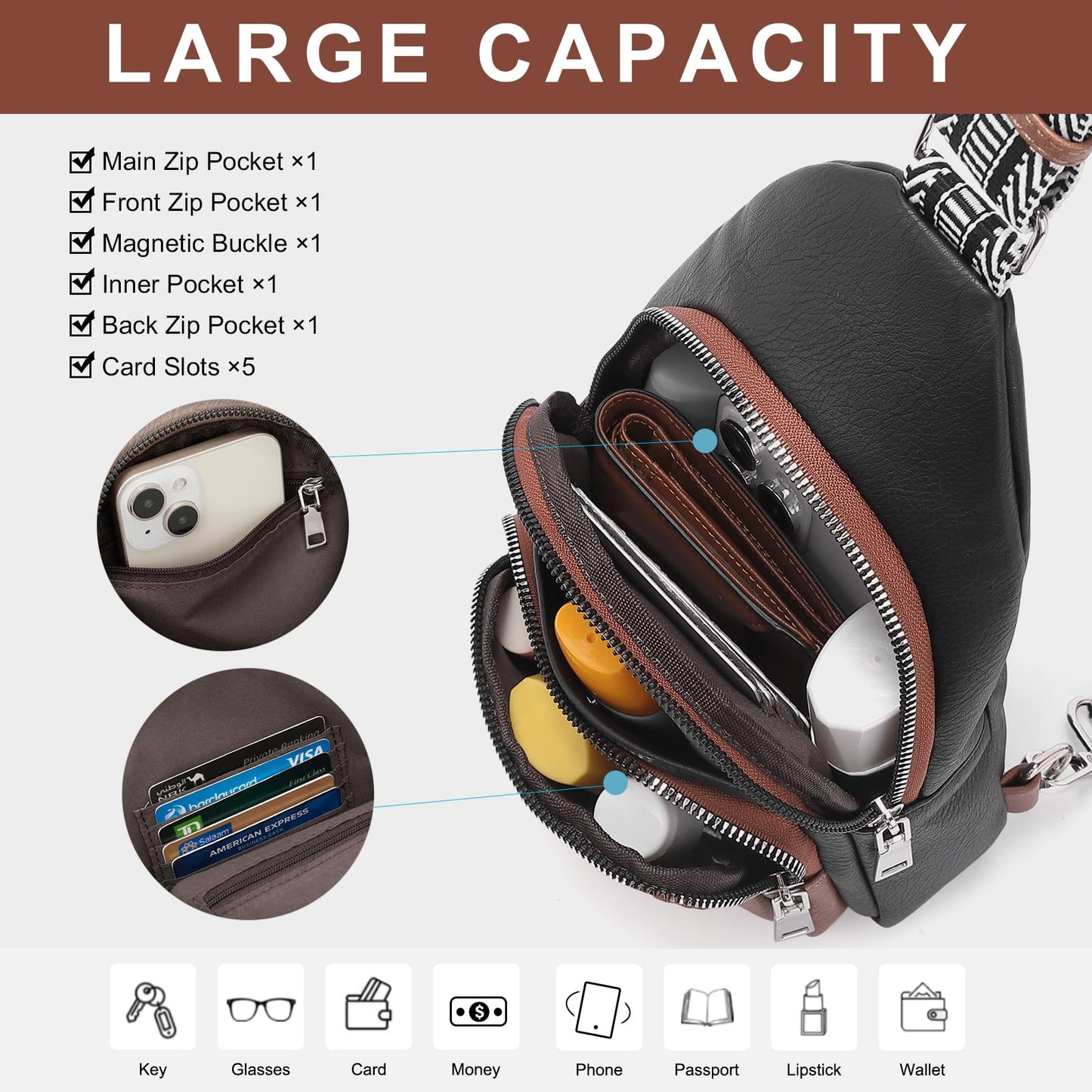 CLUCI Small Sling Bag for Women, Vegan Leather Fanny Pack Crossbody Bags for Women, Chest Bag With Guitar Strap