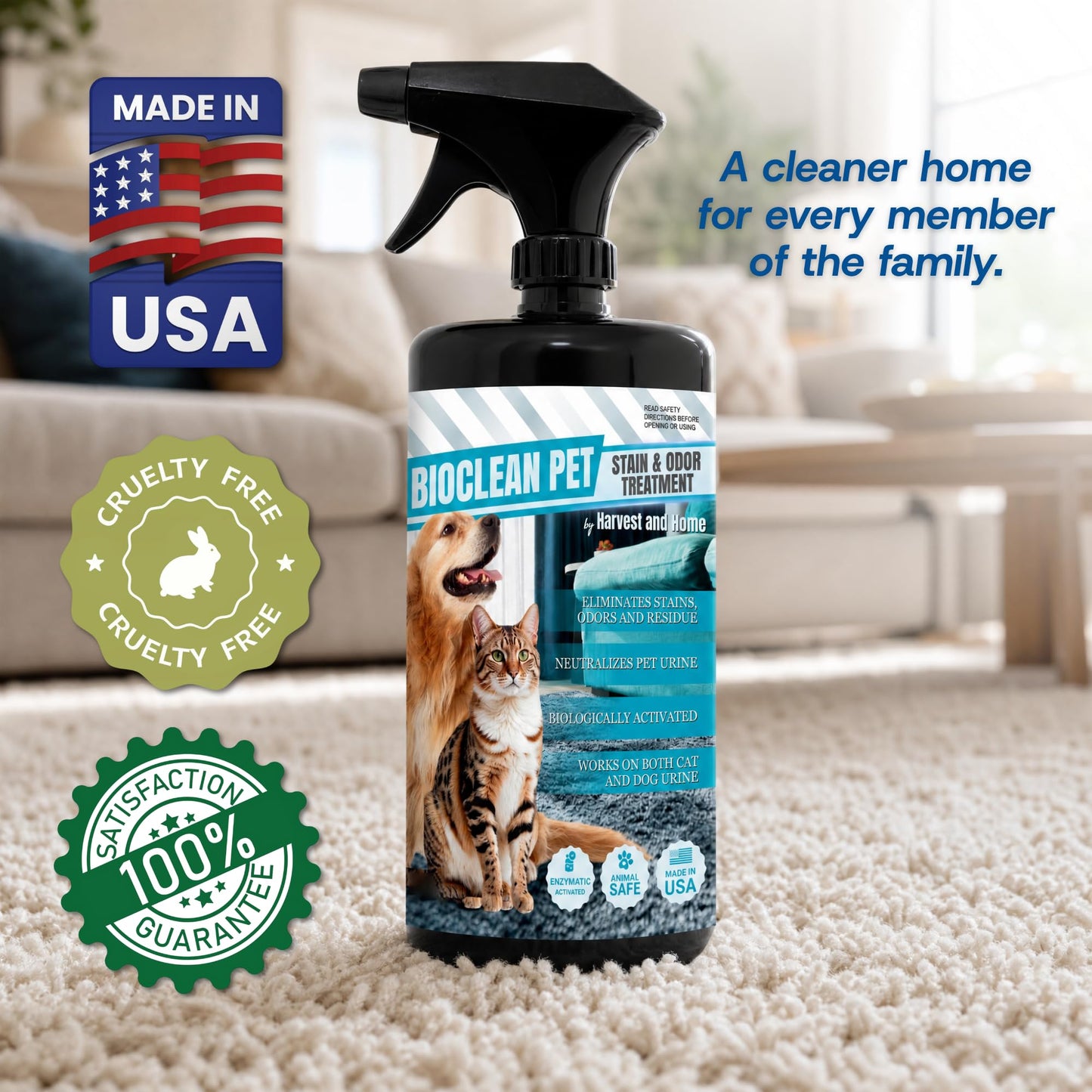 Bioclean Pet Carpet Cleaner & Deodorizer – Eliminates Pet Urine Smell, Stain & Odor Remover, No Residue, Made in USA – 32oz