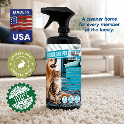 Bioclean Pet Carpet Cleaner & Deodorizer – Eliminates Pet Urine Smell, Stain & Odor Remover, No Residue, Made in USA – 32oz