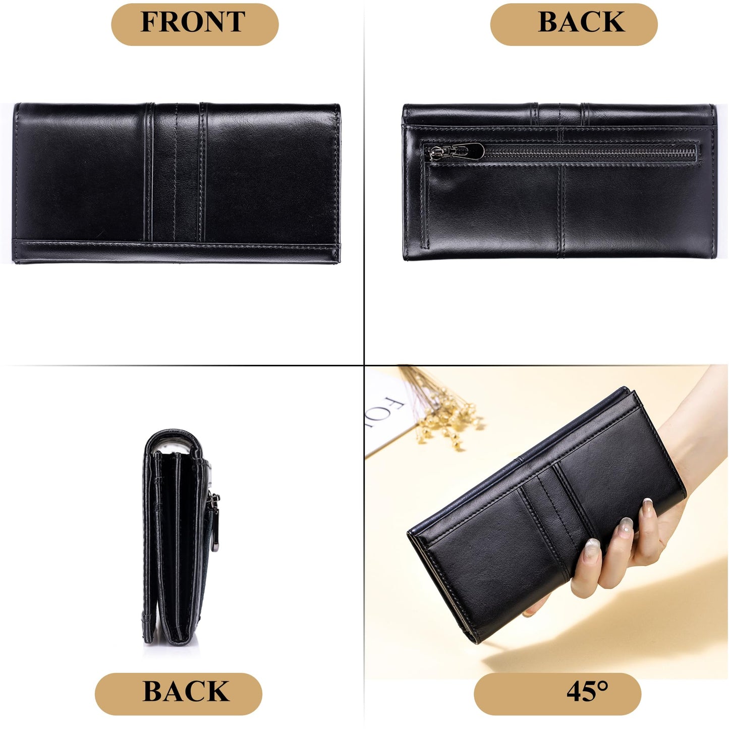 LUKZIJAES Wallets for Women Slim Long RFID Blocking Ladies Genuine Leather Bifold Wallet Womens with ID Window Coin Pocket (#1-Black)