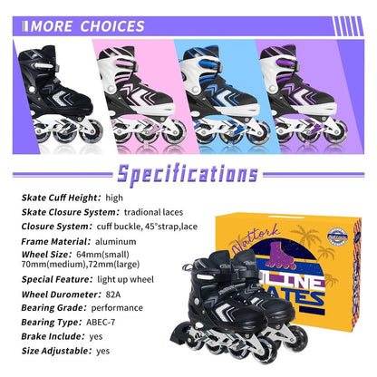 Nattork Adjustable Inline Skates for Girls and Boys with Full Light up Wheels, Beginner Roller Skates for Kids Youth Purple Pink Blue Black