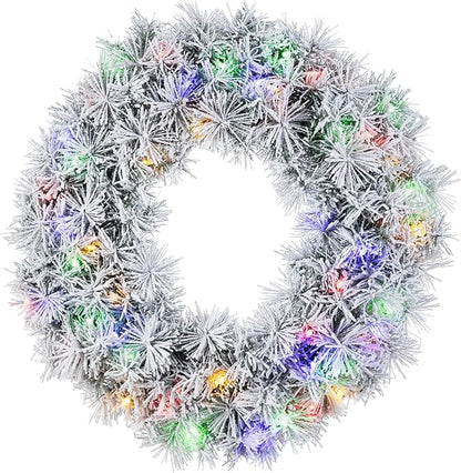 Glitzhome Pre-Lit Christmas Wreath with Lights for Front Door Wall Window Xmas Decor, Snow Flocked 24" D