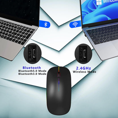 Wireless Bluetooth Mouse Rechargeable Laptop Mice with LED Lights Silent Slim Use(BT5.2 and 2.4G Portable USB Receiver)Dual Mode Computer Mouse for Laptop/iPad/Tablet/Apple/Computer/Mac(Black)