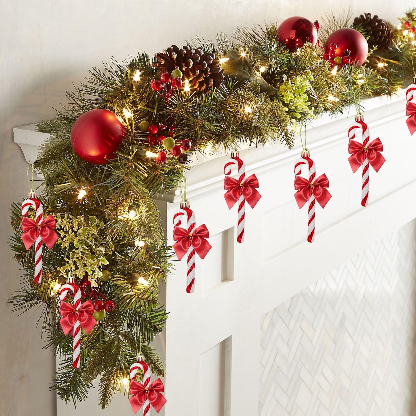 FYFLED Candy Cane Christmas Tree Decorations - 12 Pcs Candy Cane Ornaments for Tree, Glitter Candy Cane Bows for Xmas Tree Hanging Ornament Festival Party Home Decor, Red