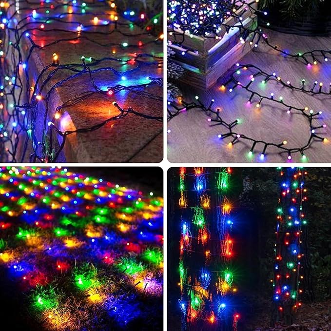 OZS 4 Pack 320LED Solar String Lights Outdoor, Waterproof 8 Modes Solar Tree Light, Green Wire Christmas Lights Outdoor for Garden, Party, Wedding, Christmas Decorations (Multicolor)