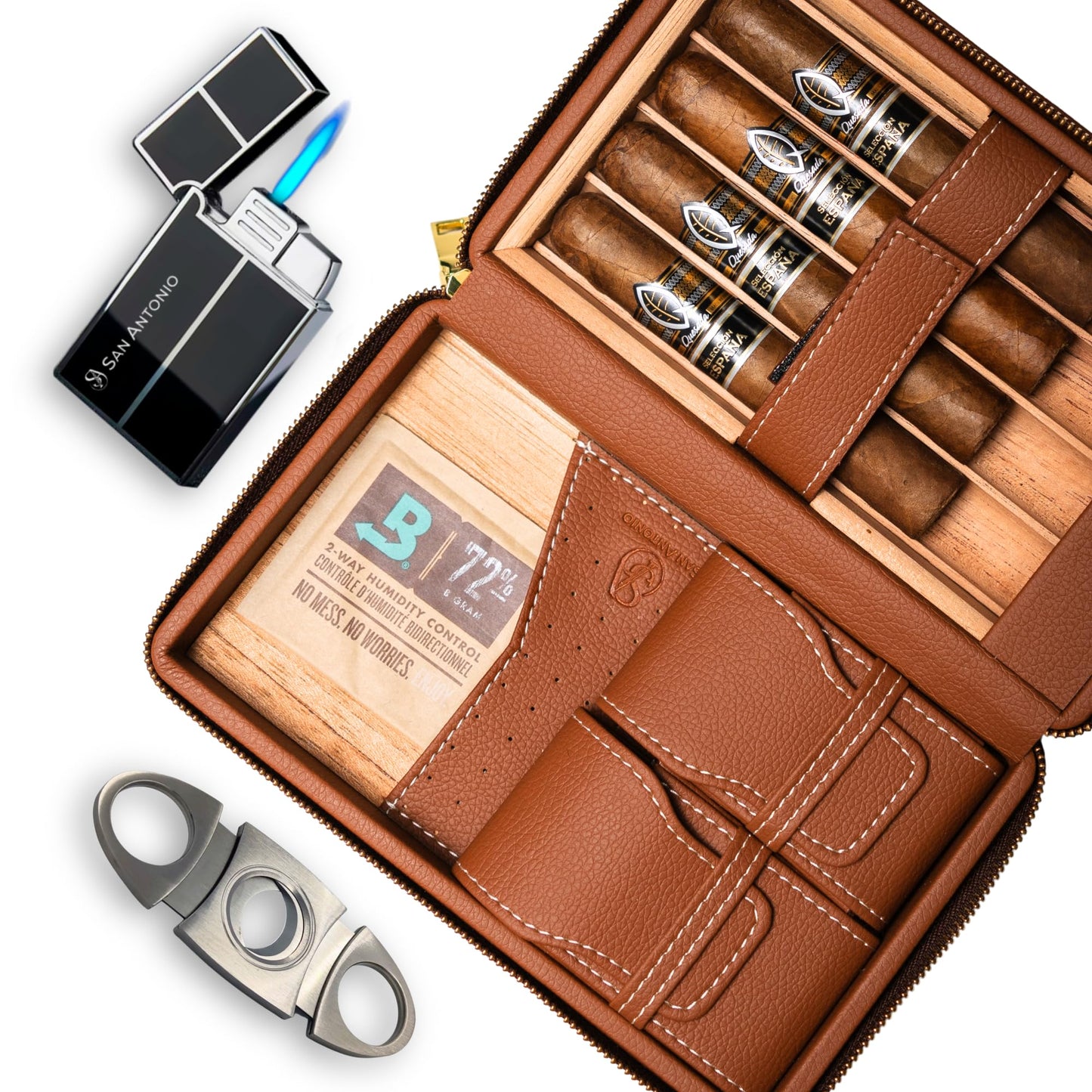 San Antonio Leather Cigar Case Travel Humidor with Cigar Lighter and Cutter