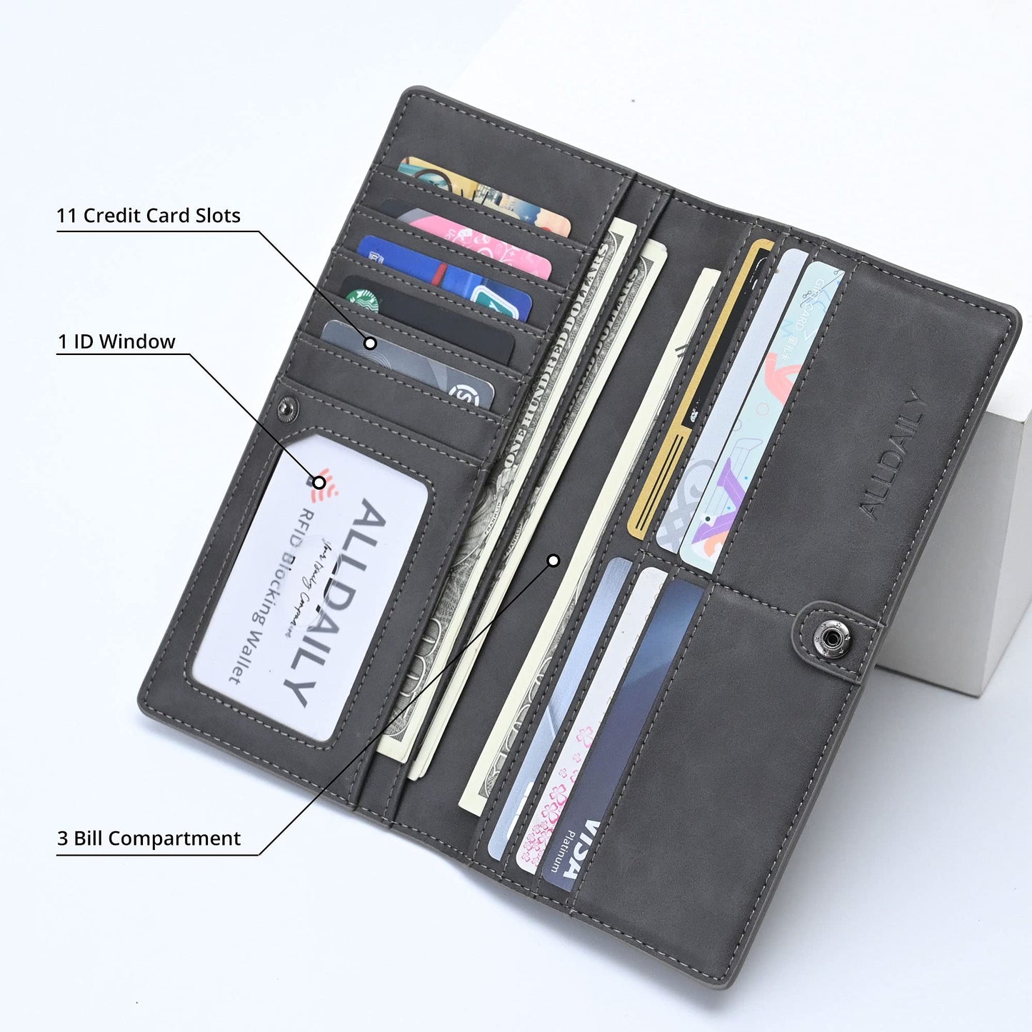 Alldaily Ultra Slim Thin Women Wallet RFID Blocking Credit Card Holder Bifold Long Ladies Billfold (Grey)