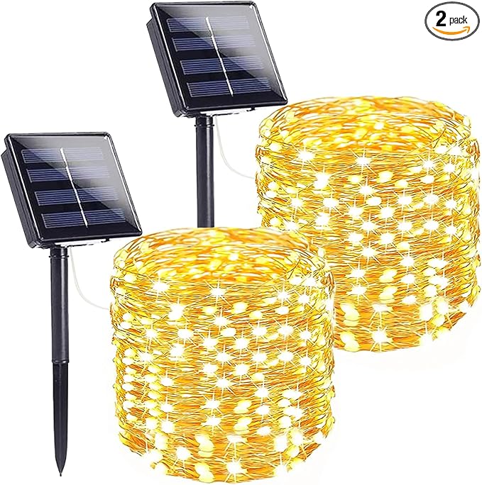 2-Pack Solar String Lights for Outside, Total 200LED Solar Christmas Fairy Lights Waterproof, Outdoor Twinkle Light Copper Wire 8 Modes Fairy Light for Xmas Tree Party Wedding Decor (Warm White)