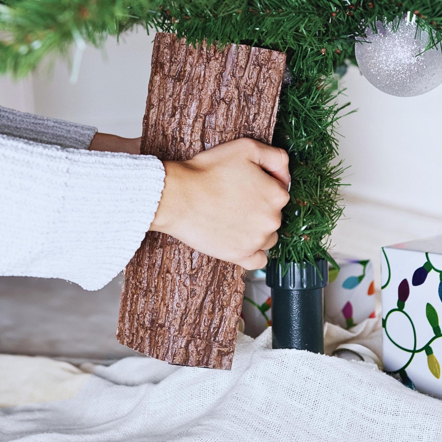 Realistic Faux Brown Bark Xmas Tree Skirt Hides Fake Pole, By Christmas Tree Hugger