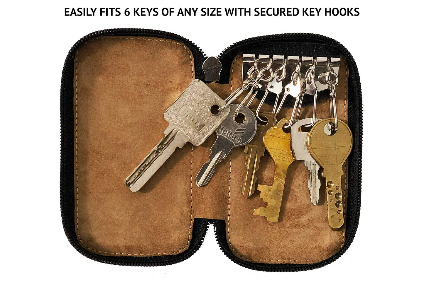 Adamis Full Grain Genuine Leather Keychain Holder Pouch, Key Case, Soft Strong and Compact Organizer and Wallet with Zip Closure for Extra Safety and 6 Key Holder Hooks in Black