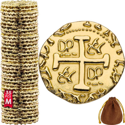 Leib Games Metal Pirate Coins - 35 Gold Treasure Coin Set, Metal Replica Spanish Doubloons for Pirate Party Decorations & Favors, Tokens, Toys, Cosplay - Pirate Treasure Chest, Size 7/8"