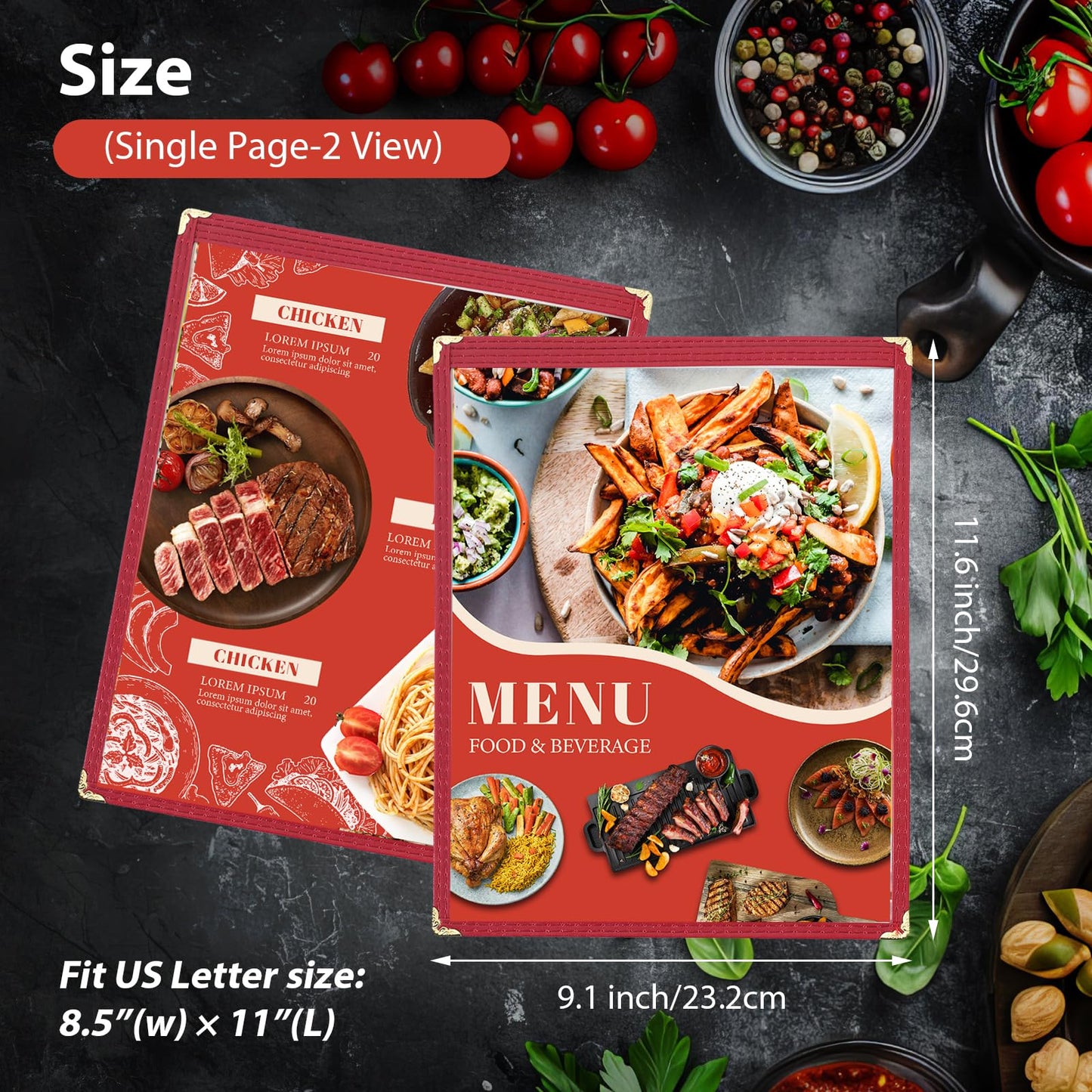FLKQC 10 Pack 8 View Restaurant Menu Covers, Fits 8.5" x 11" Paper, Transparent Recipe Menu Covers Holders for Kitchen, Drink, Wine Menu Covers Burgundy (10, 8.5"x 11" (4 Page, 8 View))