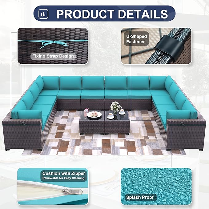 Kurapika 14 Pieces Patio Furniture Set, Rattan Wicker Outdoor Conversation Sets w/4 Inch Cushion and Glass Coffee Table(Blue)