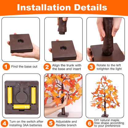 2 Pack 24 Inch Fall Maple Tree Fall Thanksgiving Decorations with Lights Lighted Artificial Tree with Pumpkin Acorn Maple Thanksgiving Table Decoration Centerpieces Indoor Friendsgiving Decor for Home