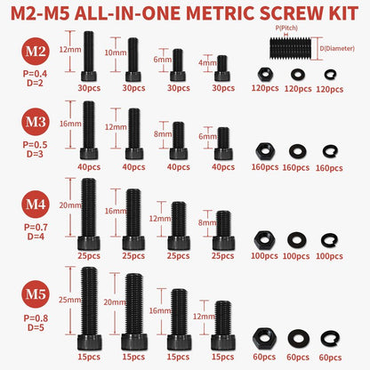 Metric Screw Assortment Kit, M2 M3 M4 M5 Bolt Assortment with Bolts and Nuts, Hex Socket Cap Head M Screws for 3D Printer Black Zinc Plated Grade 12.9 Alloy Steel