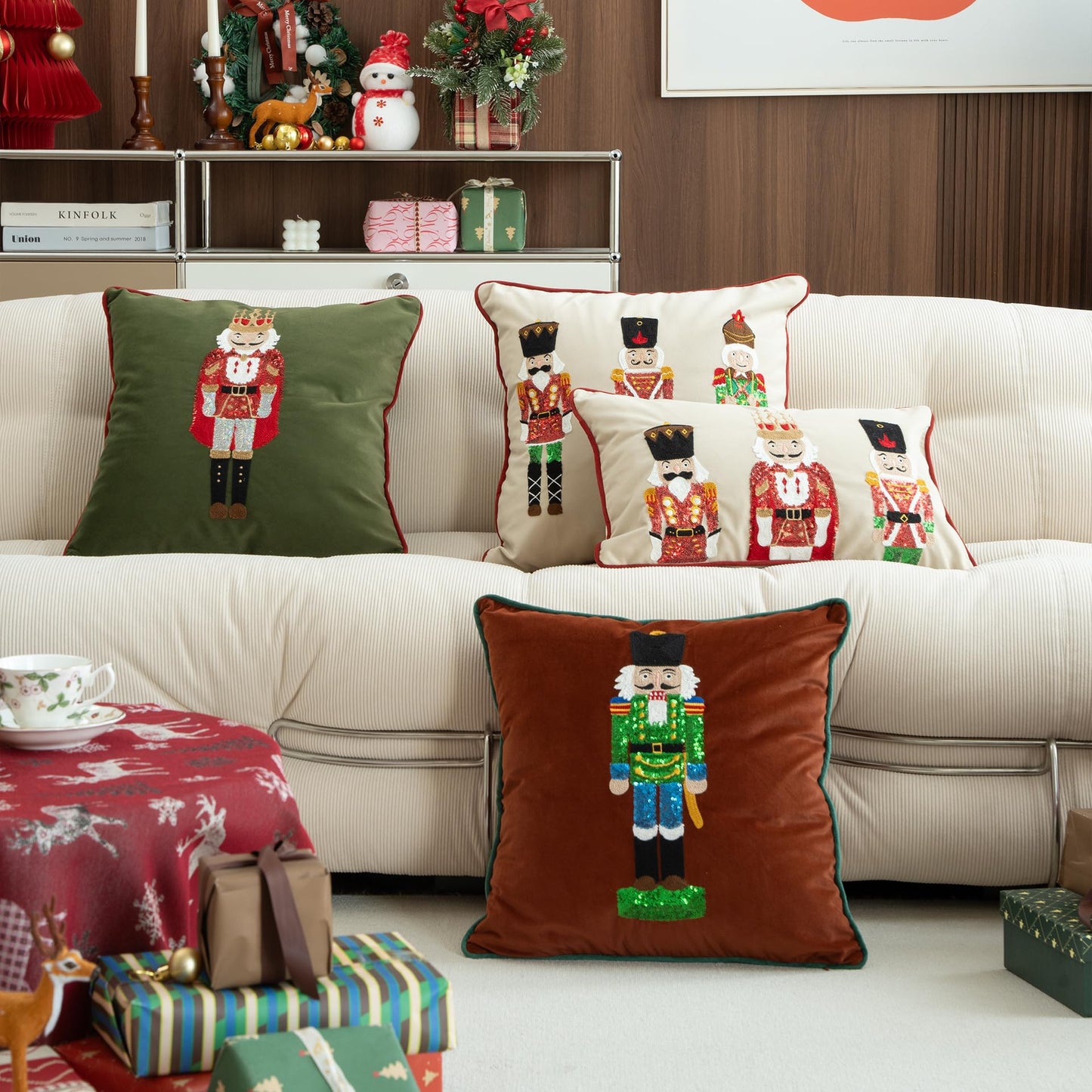 MOCOFO Christmas Embroidered Nutcracker Throw Pillow Cover - Decorative Holiday Cushion Cover (Beige, 12” x 20”)