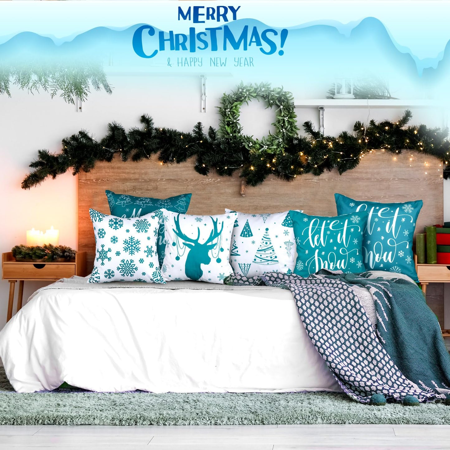 VitalCozy 6 Pcs 18 x 18 inch Christmas Throw Pillow Covers Xmas Cushion Covers Pillow Cases Snowflake Winter Throw Pillow Covers Christmas Decor for Bedroom Sofa Couch Cushion Square Home (Teal)