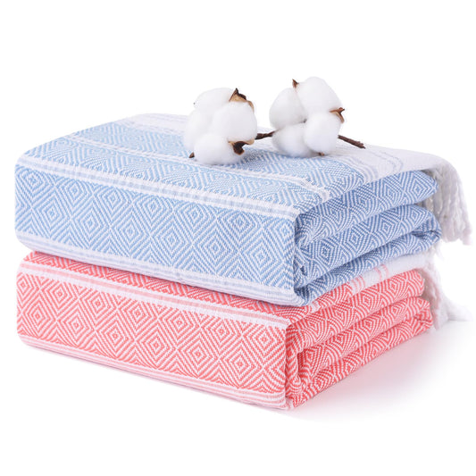 2 Packs Cotton Turkish Beach Towels Quick Dry Sand Free Soft Absorbent Extra Large Xl Big Blanket Adult Oversized Bath Pool Swim Towel Thin Lightweight Sandless Fast Drying Compact No Sand Packable