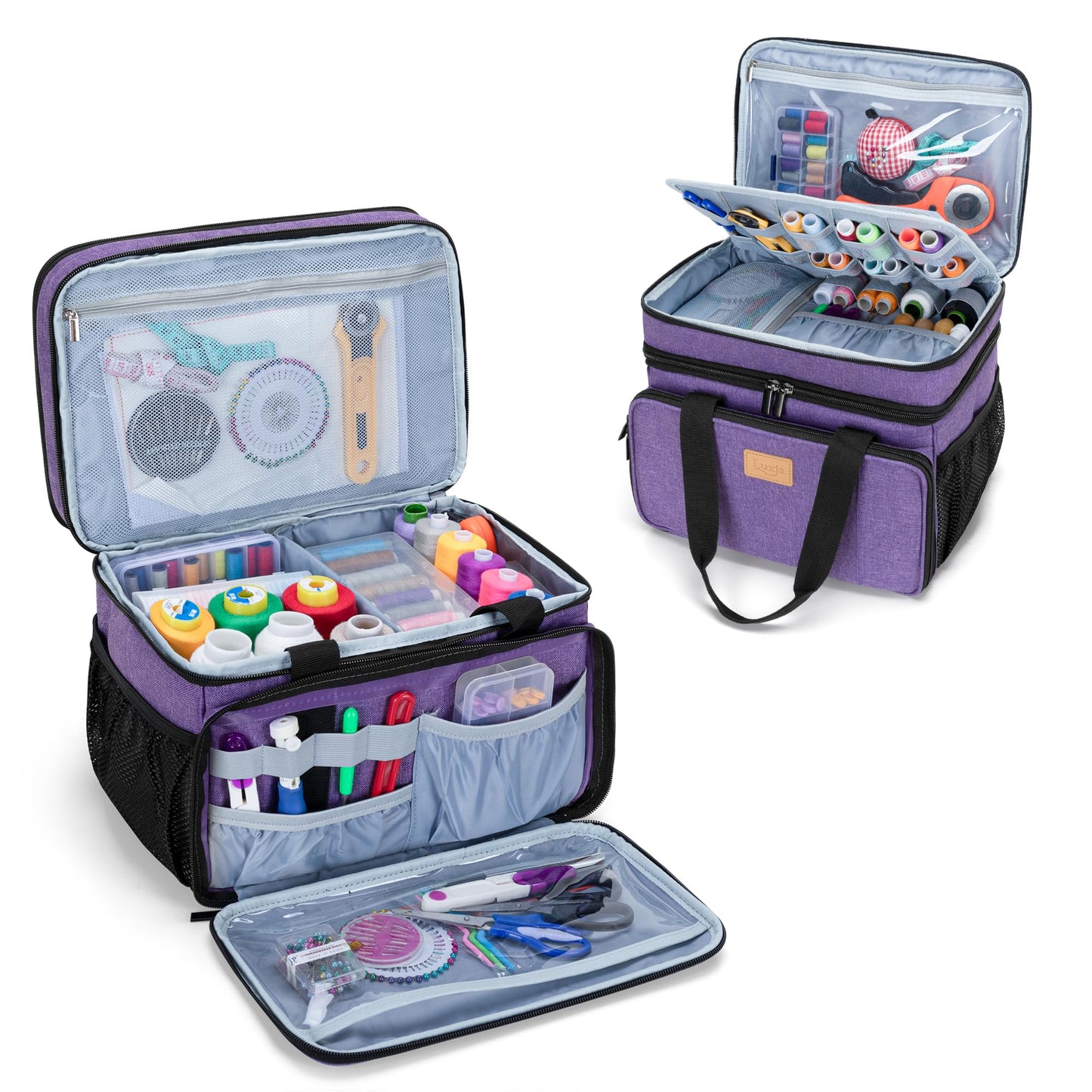 LUXJA Large Sewing Organizer with Many Compartments, 2 Layers Sewing Storage Bag with Varisized Pockets for Sewing and Crafting Supplies (Bag Only), Purple
