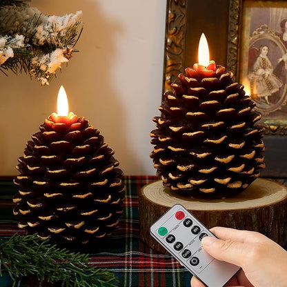 Battery Operated Christmas Candles with Remote and Timer, 2 Pack LED Flameless Pinecone Candles, Flickering Wick Real Wax Pine Cone Candle for Xmas Holiday Fireplace Decoration