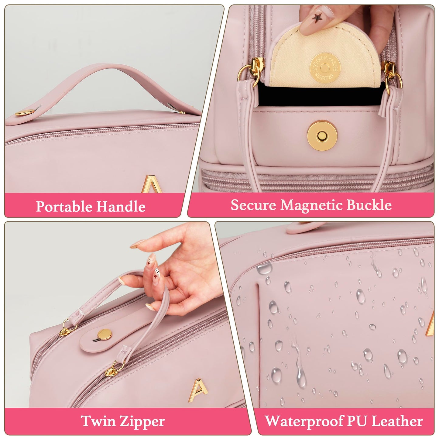 CLOUDWINGS Gifts for Women Birthday Gifts Initial Makeup Bag for Women Personalized Large Capacity Travel Toiletry Bag Cosmetic Bag Gifts for Mom-Graduation Gift for Teens Girls (Pink A)