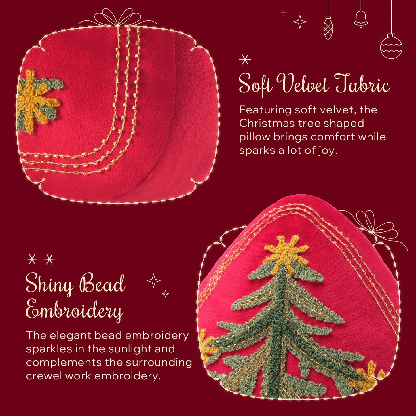 Phantoscope Merry Christmas Tree Decorative Throw Pillow, Velvet Beads Embroidery 3D Shaped Cushion, Suitable for Sofas, Living Rooms, and Beds, Red, 18 x 14 in