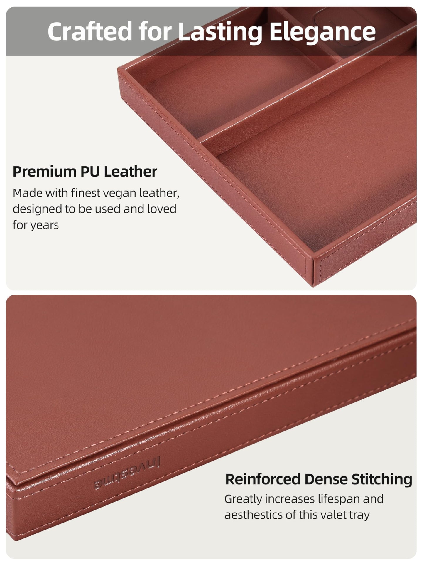 Investme Valet Tray, Built in Wireless Charger, Nightstand Organizer, Mens Jewelry Box, Dresser Organizer, Valet Charging Station, Faux Leather Valet Tray for Men and Women, Brown