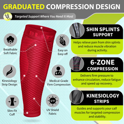 BLITZU Calf Compression Sleeves for Men and Women. Footless Compression Socks Support for Varicose Vein, Nursing, Running. Leg Sleeve Brace for Shin Splints, Pain Relief & Reduces Swelling Red S-M