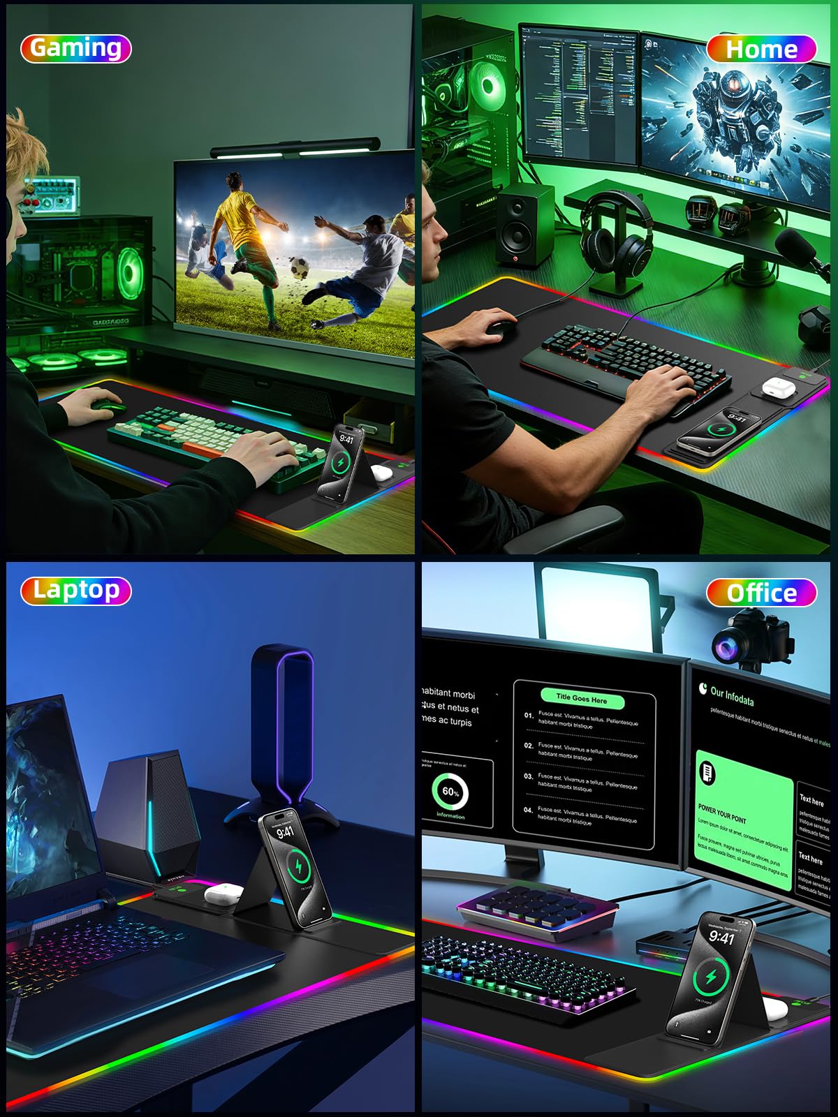 Mouse Pad with Foldable Phone Holder & Wireless Charger, XXL RGB Gaming Mousepad 31.5"x15.8" Large Desk Mat for Keyboard, Black Desk Pad with Dual Qi Charging Station | 11 Colors 5 Modes | Waterproof