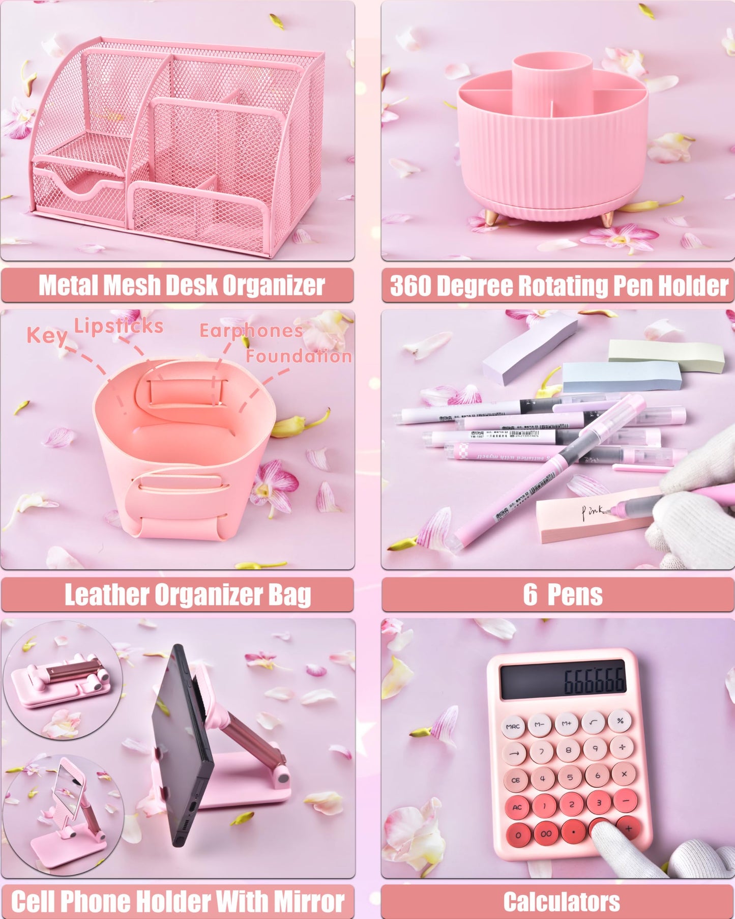 LXEVIHK 21Pcs Pink Desk Organizers and Accessories With Mesh Desk Organizer and 360°Rotating Pen Holder and a Lot of Office Pink Office Supplies Beautifully Presented in a Gift Box