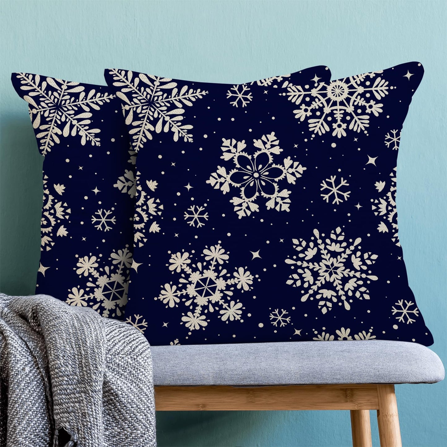 Christmas Pillow Covers 20x20 Inch 2 Pcs, Navy Blue White Snowflakes Decorative Throw Pillows for Couch, Xmas Winter Outdoor Decor Pillowcase Linen Cushion Cover for Bed Sofa