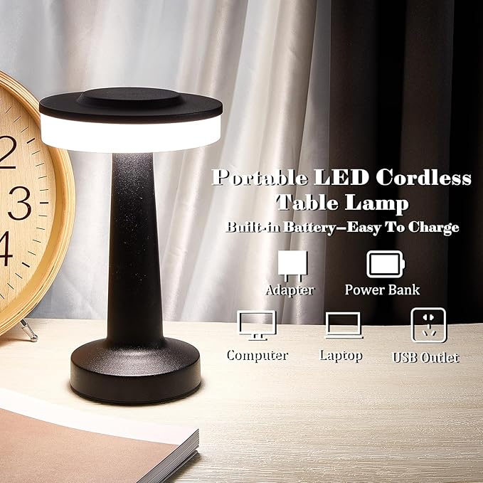 VIHOSE 12 Pcs Black Cordless Table Lamps LED Portable Rechargeable Table Lamp with Touch Sensor 3 Color Dimming up to 15 Hours Battery Desk Light for Restaurant Nursery Living Room
