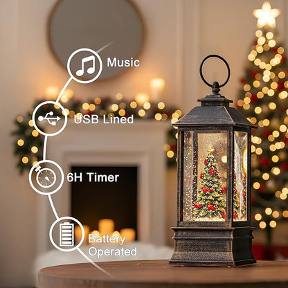 Christmas Snow Globe Lantern Water Glittering Christmas Tree with Music, USB Lined/Battery Operated Lighted Lantern for Christmas Festival Decoration Gifts