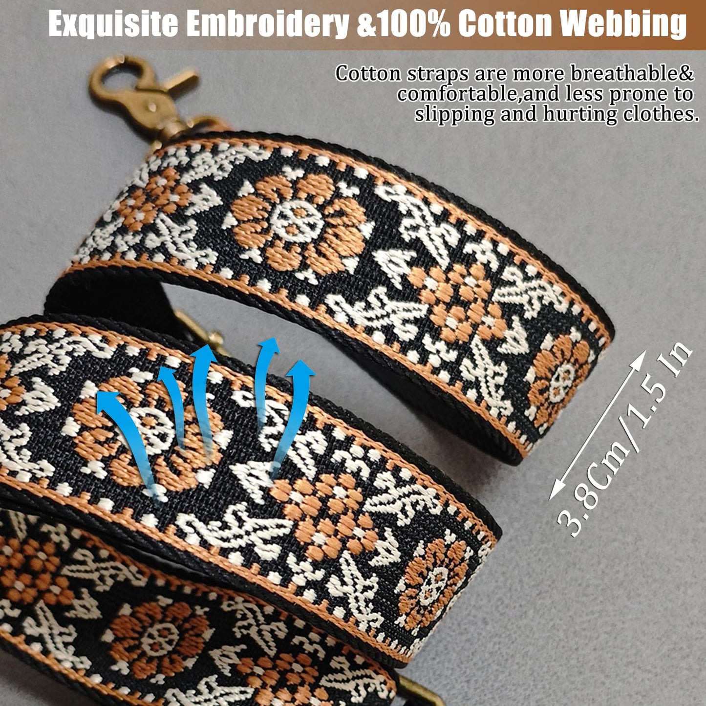 Aeiruo Purse Strap, 1.5" Cowhide Head Wide Shoulder Bag Strap Adjustable Replacement,Jacquard Embroidery Crossbody Bag Straps (Vintage PB Flower)