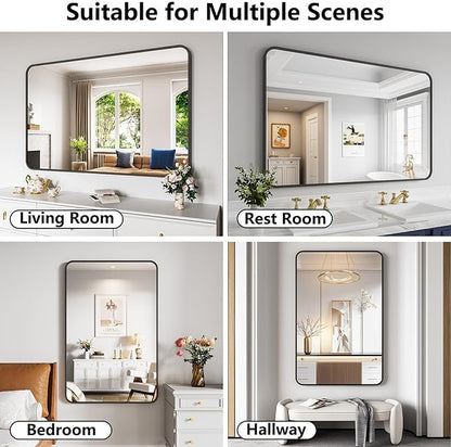 Koonmi Bathroom Mirror, 36X55 Inch Black Metal Framed Mirror for Bathroom, Tempered Glass, Anti-Rust, Rounded Rectangle Mirror for Restroom, Bedroom, Black