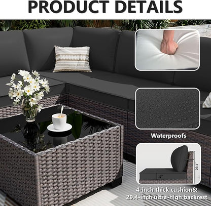 ALAULM 7 Pieces Patio Furniture Set with Fire Pit Table 55000BTU, Oversized Seat/Armrest and High Back Wicker Conversation Set with Thick Cushion for Backyard, Garden, Black
