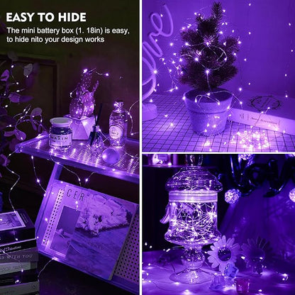 pozzolanas 100 Pack Purple Fairy Lights Battery Operated 3 Modes 7FT 20 LED Waterproof String Lights Twinkle Silver Wire for Mason Jars Wedding Christmas Halloween Party Decor (100, Purple)