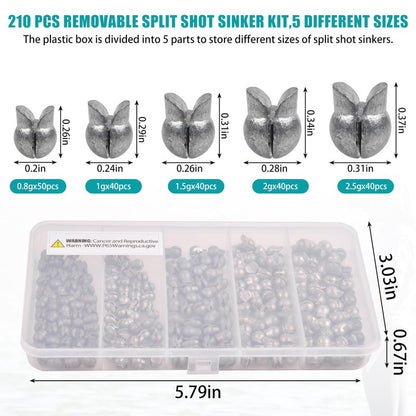 Split Shot Fishing Weights Kit, 180/210pcs Removable Round Fishing Weights Sinkers Clip On Shot Weights Fly Fishing Line Sinkers Fishing Sinkers for Freshwater Saltwater