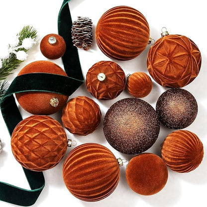 36Pcs Shatterproof Velvet Brown Christmas Ball Ornaments Set - 5 Styles in 3 Sizes (Small Medium Large) for Xmas Tree Decor, 2025 Festive Holiday Christmas Tree Decorations