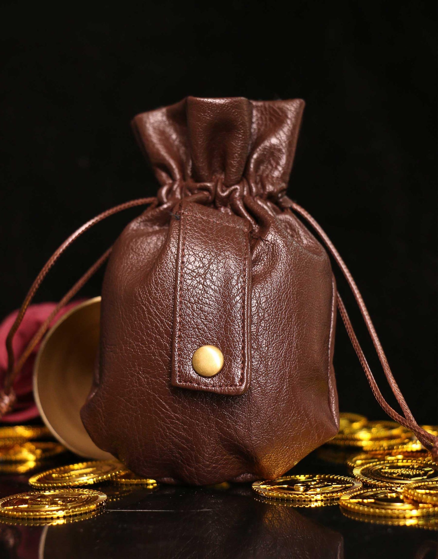 Medieval PU Leather Pouch Leather Drawstring Pouch Coin Purse Storage Renaissance Dice Bag (L, Brown)