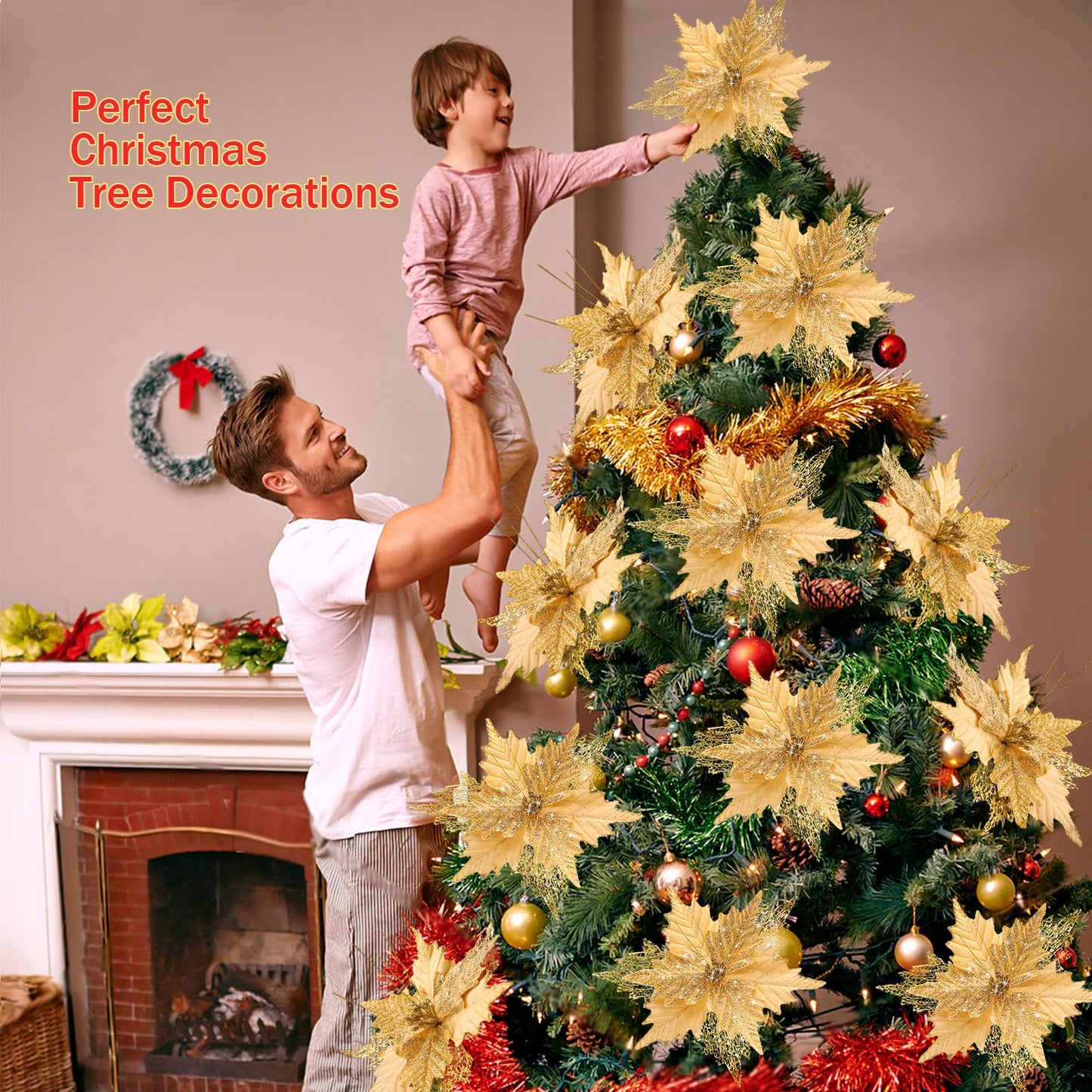 10'' Large Christmas Glitter Poinsettia Flowers Decorations, stadeco 10 Pcs Christmas Tree Picks Ornaments Artificial Flowers with Long Stems for Xmas Tree Wreath Garland Wedding Party DIY Decor