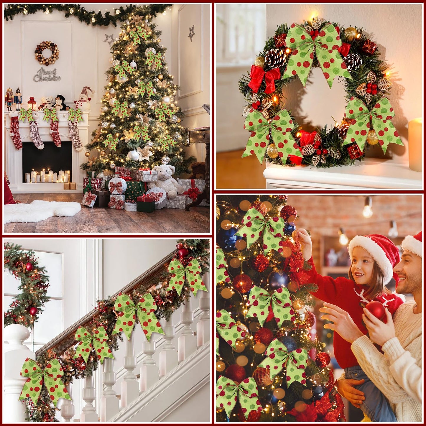Miucat 16 Pcs Christmas Tree Bows Decoration, 6 Inch Large Christmas Bows Red Green Dot Bows Ribbons Ornaments Christmas Wreath Decorations for Tree Gift Wrapping Wall Home Front Door Decor