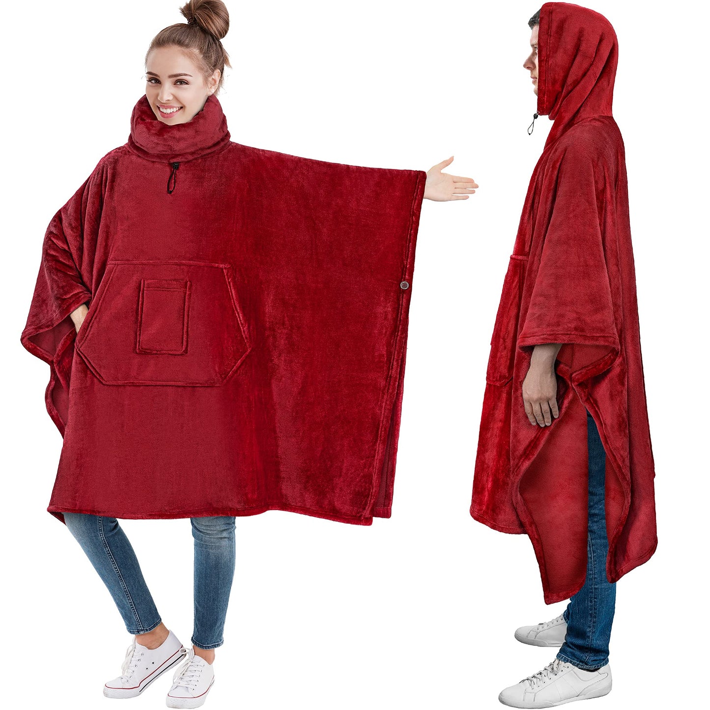 PAVILIA Sherpa Wearable Blanket Poncho Women Men, Oversized Hoodie Sweatshirt Poncho Blanket, Hooded Sweater Wrap Cape Neck Warmer, Fleece Soft Hug Sleep Pod Adult, Cozy Warm Gift Ideas Sister, Red