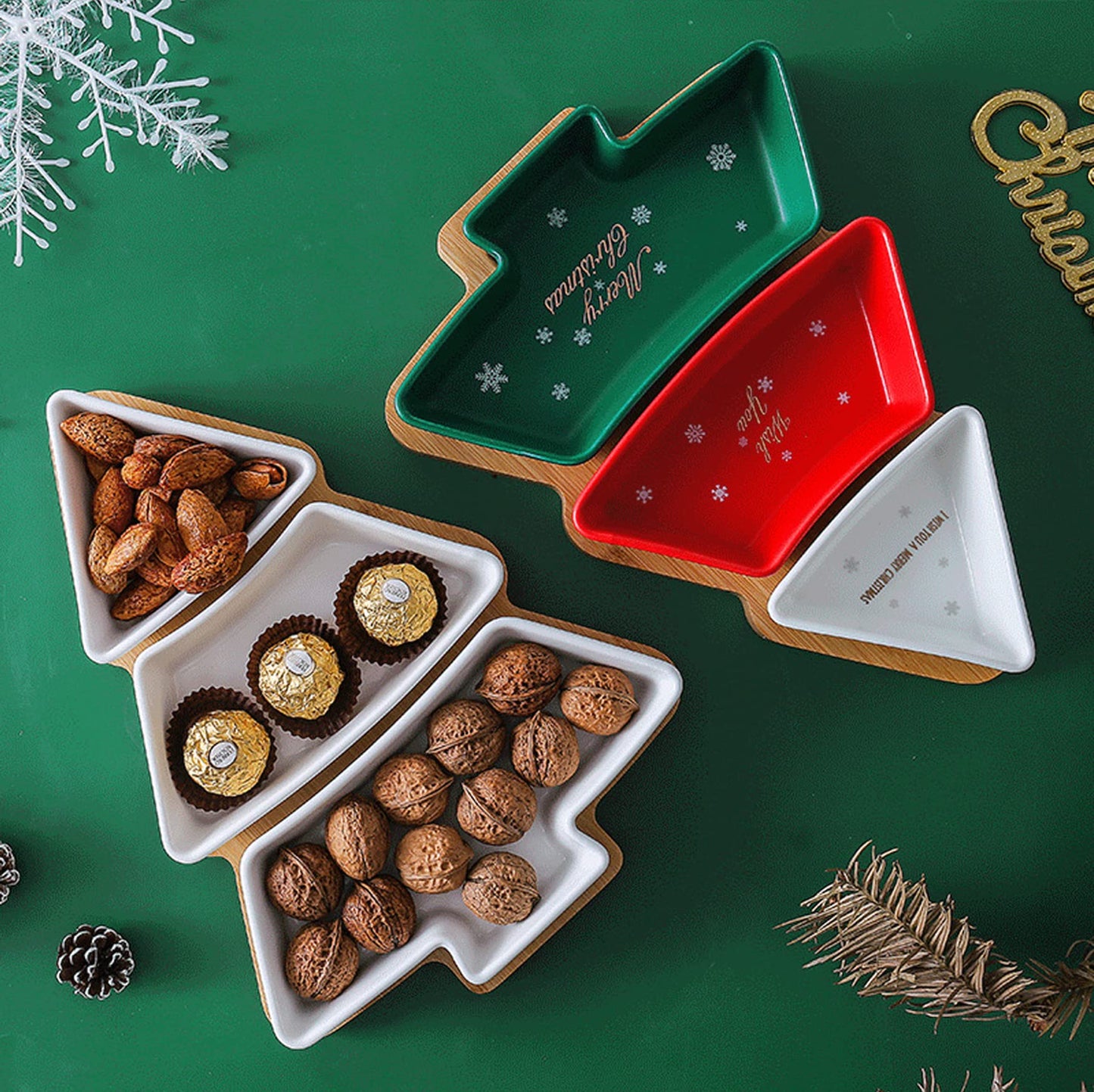 ROSE CREATE Colorful 11.6 Inches Big Colorful Snack Appetizer Trays Set, Christmas Tree Dessert Serving Dishes, Snack Platter, 3 pcs Removable Porcelain Plates with Bamboo Tree Tray