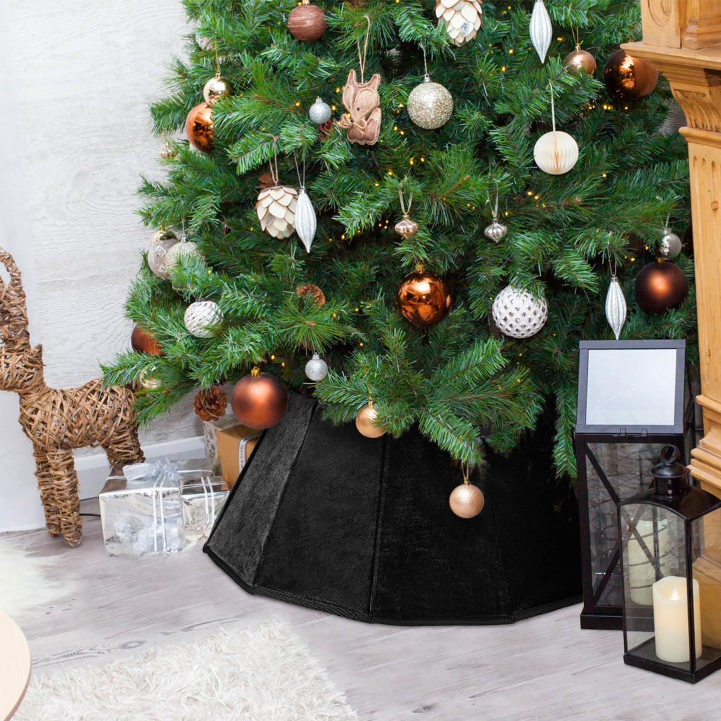 Black Velvet Christmas Tree Collar - Folable Tree Ring & Skirt for Artificial Trees - Base Stand Cover Decoration