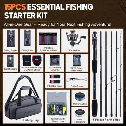 Goture Fishing Pole and Reel Combo, Portable Fishing Rod and Reel,Compact Fishing Gear for Travel, Lure Fishing Rod Combo Carbon Fiber 6-Piece Rod with Reel Lines Lures Tools and Storage Bag