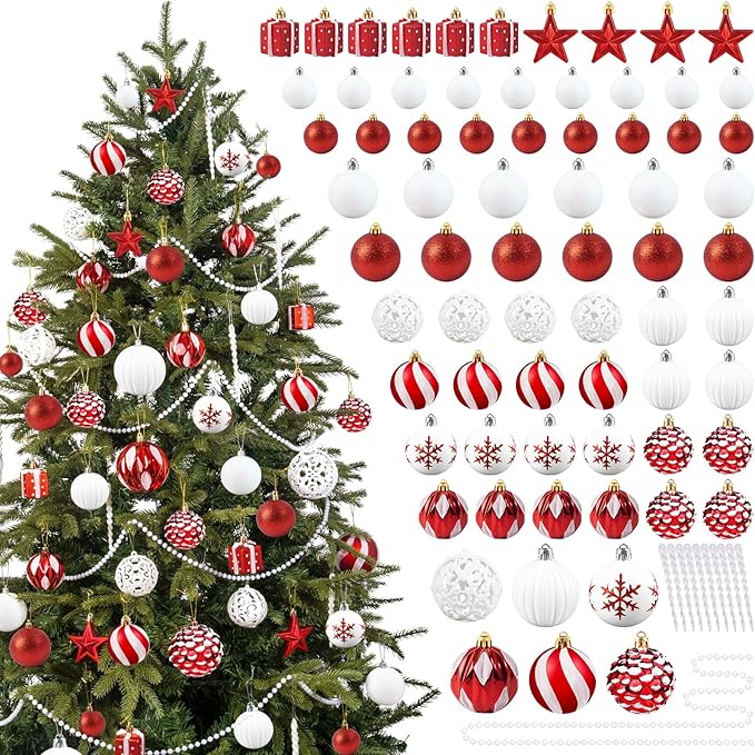 Ouddy Decor 84 Pcs Christmas Tree Ornaments Set, Red and White Christmas Decorations Shatterproof Plastic Glittery Baubles for Wreath Garland Wedding Party Holiday New Year Home Decor, Red & White