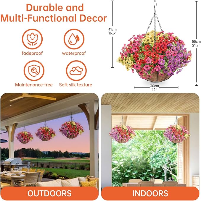 Artificial Hanging Faux Flowers Basket, Fake Silk Daisy Eucalyptus Plants Arrangement,for Spring Summer Outdoor Decoration,UV Resistant, Coconut Planter,Look Real for Home Garden Decor (Multi Color)